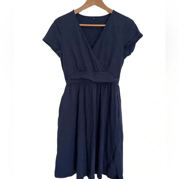 Amazon Navy  Blue Flutter Sleeve Wrap Dress size medium - Picture 1 of 6